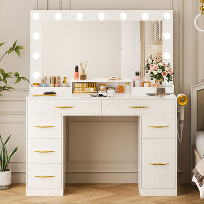 Tomnk White Makeup Vanity Desk with Large Mirror, Adjustable Lights, Storage Drawers & Power Outlets