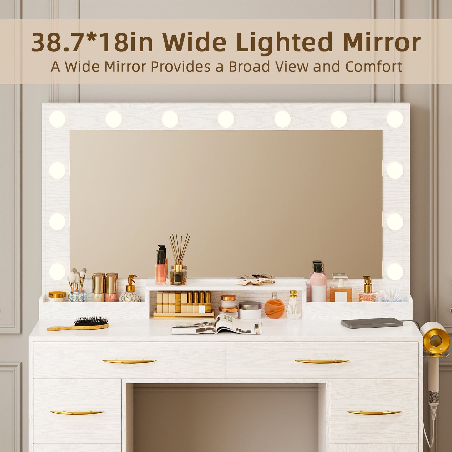 Tomnk White Makeup Vanity Desk with Large Mirror, Adjustable Lights, Storage Drawers & Power Outlets