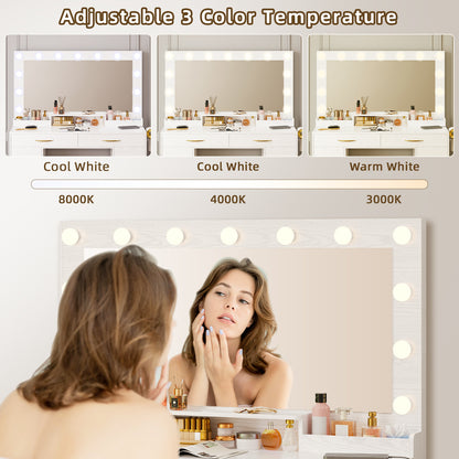 Tomnk White Makeup Vanity Desk with Large Mirror, Adjustable Lights, Storage Drawers & Power Outlets