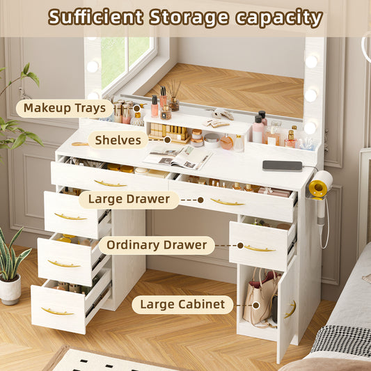 Tomnk White Makeup Vanity Desk with Large Mirror, Adjustable Lights, Storage Drawers & Power Outlets