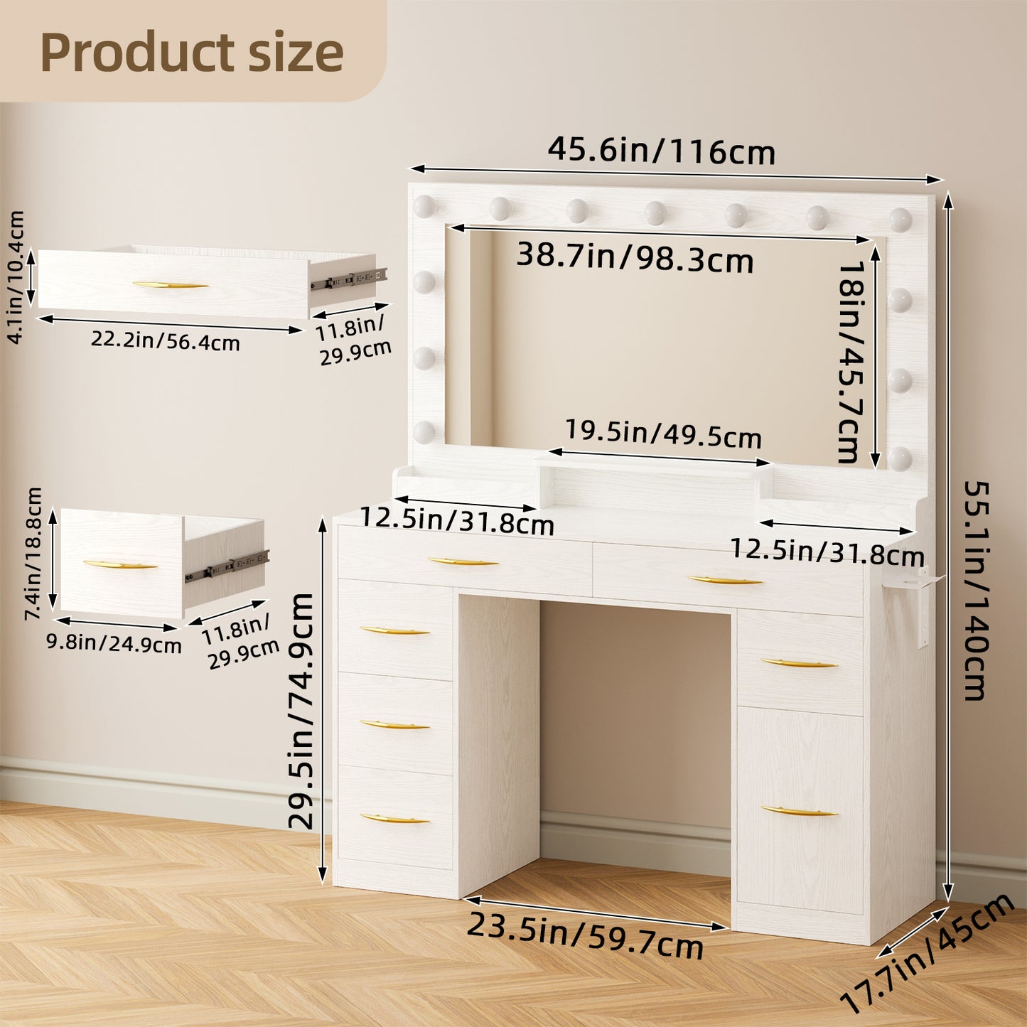 Tomnk White Makeup Vanity Desk with Large Mirror, Adjustable Lights, Storage Drawers & Power Outlets