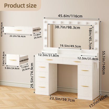 Tomnk White Makeup Vanity Desk with Large Mirror, Adjustable Lights, Storage Drawers & Power Outlets