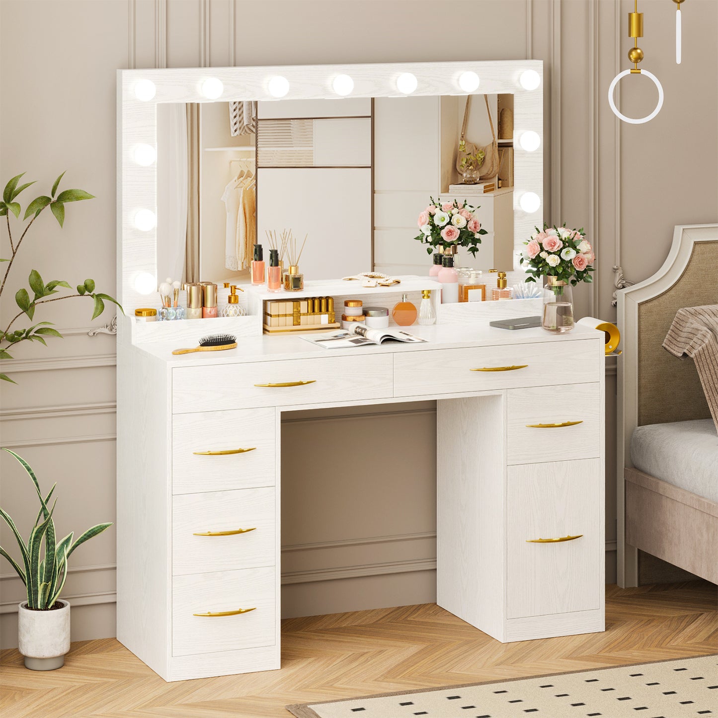 Tomnk White Makeup Vanity Desk with Large Mirror, Adjustable Lights, Storage Drawers & Power Outlets