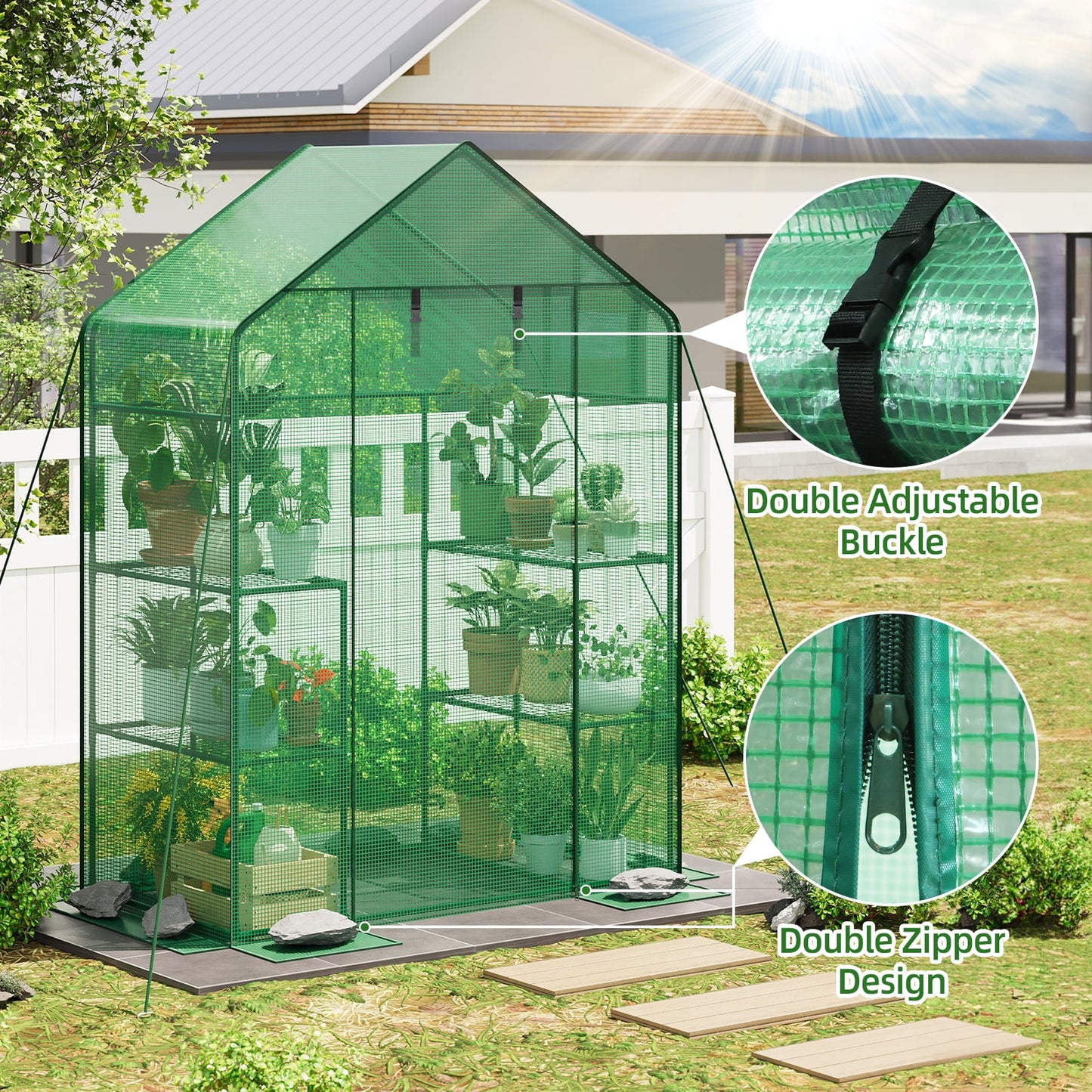 TOMNK Greenhouse, 57 x 28 x 76'' Greenhouses for Outdoors, Portable Greenhouse Kit with Mesh Side Windows, PE Cover, 4 Shelves, Heavy Duty Walk in Green House for Backyard Garden Indoor Outside