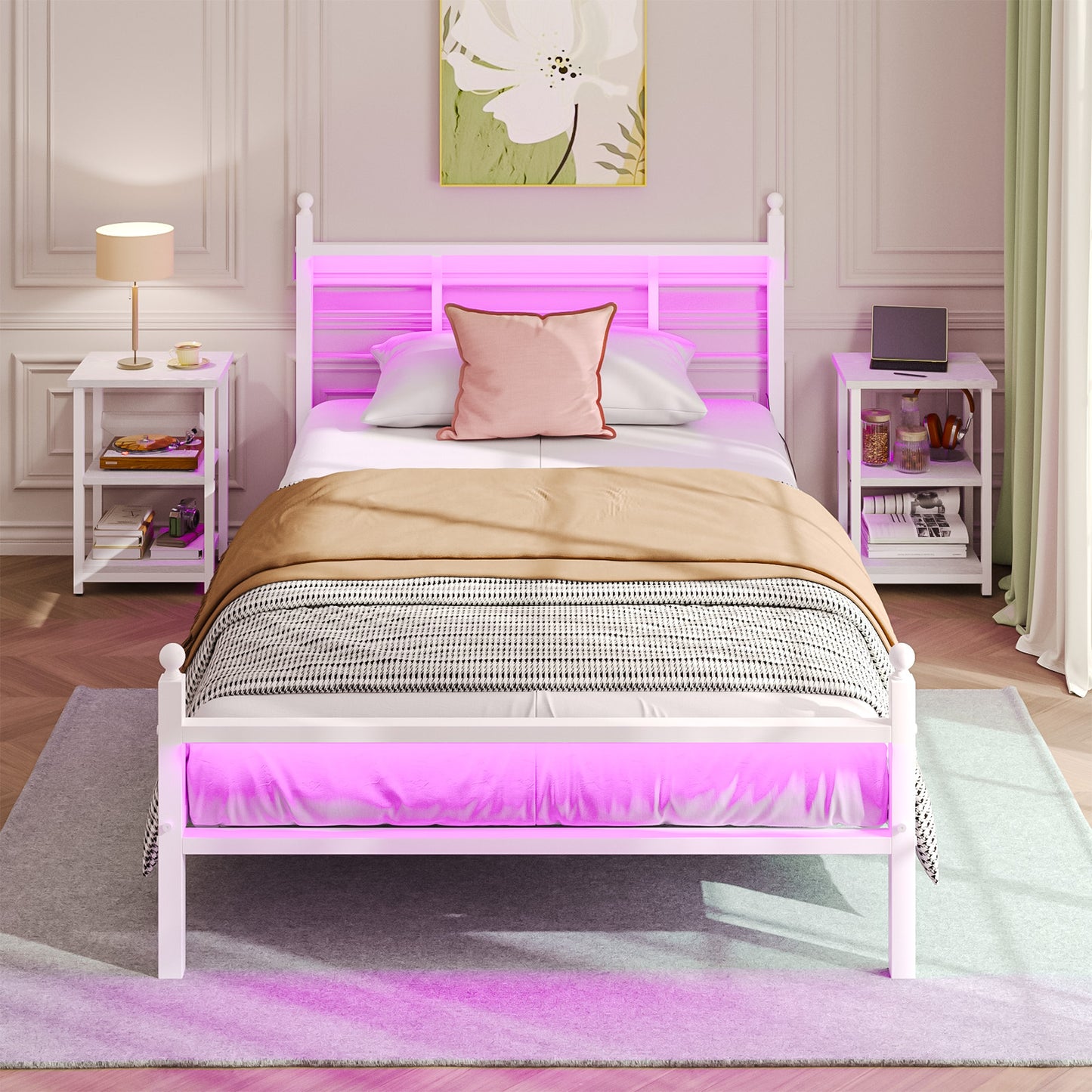 Tomnk woo Twin Bed Frame with LED Lights, Charging Station, Metal Slats, Sturdy & Modern Design, White