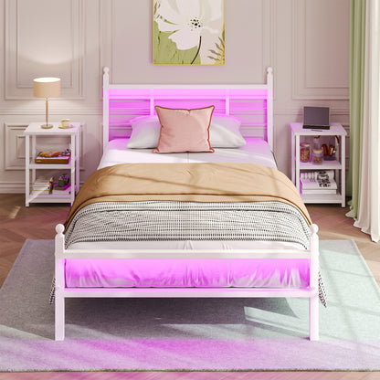 Tomnk woo Twin Bed Frame with LED Lights, Charging Station, Metal Slats, Sturdy & Modern Design, White