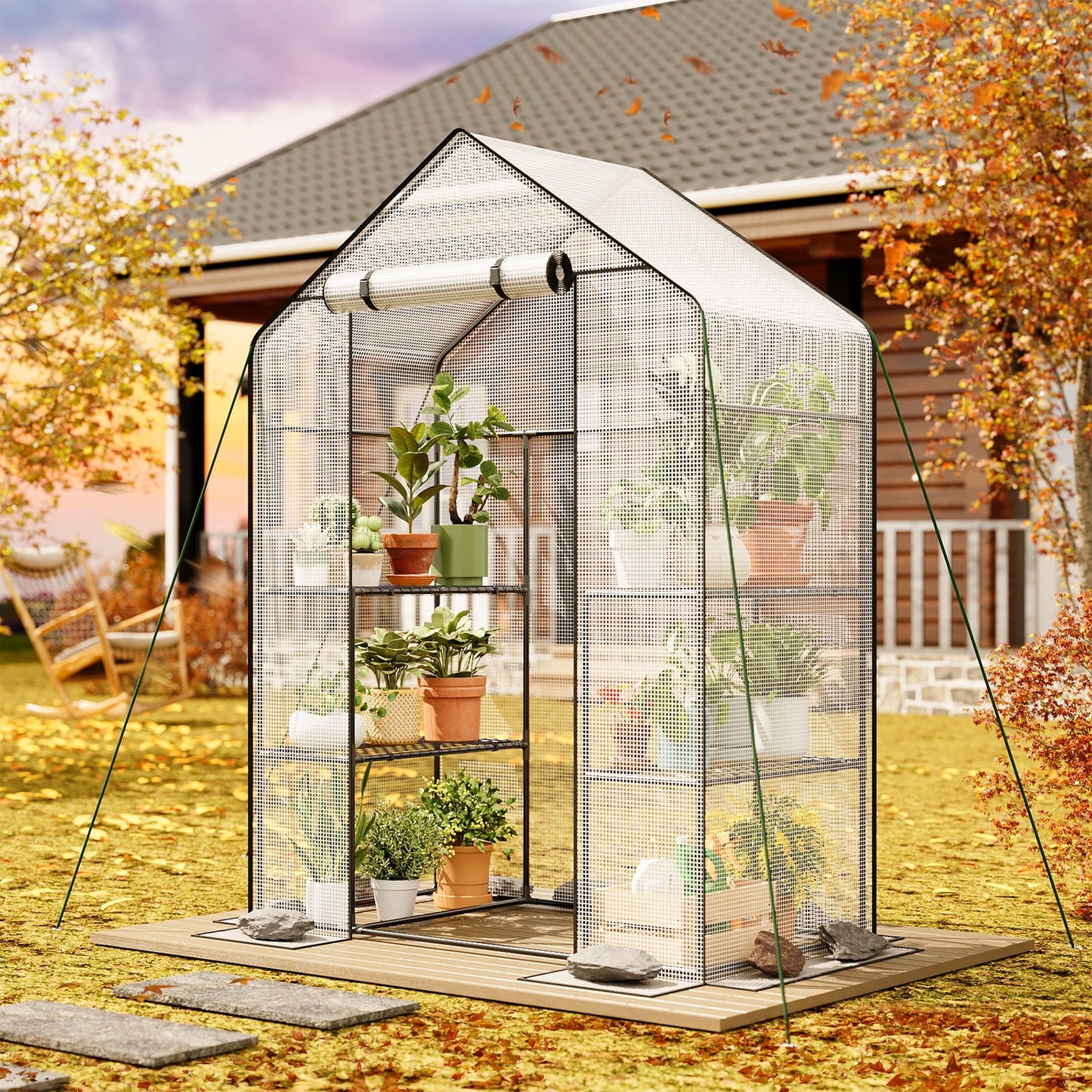 TOMNK Greenhouse, 57 x 28 x 76'' Greenhouses for Outdoors, Portable Greenhouse Kit with Mesh Side Windows, PE Cover, 4 Shelves, Heavy Duty Walk in White House for Backyard Garden Indoor Outside