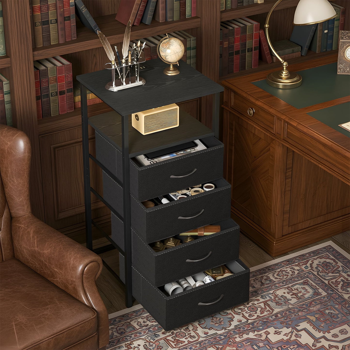 Fairy Nightstand Set of 2, 4 Drawer Night Stand with Charging Station, LED Bedside Table, Storage Side Table for Bedroom, Black