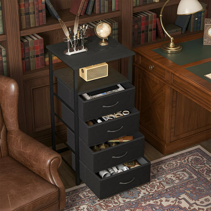 Fairy Nightstand with Charging Station and LED Light, Side Table with 4 Fabric Drawers, Bedside End Table, Night Stand for Bedroom, Black