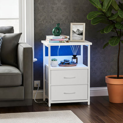 Fairy Night Stands Set of 2 with Charging Station, Bed Side Table, LED Nightstand with 2 Fabric Drawers, White