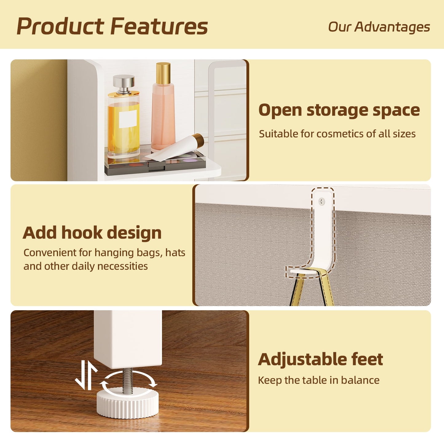 TOMNK Vanity Desk with Mirror Lights, 5 Drawers, Stool, Charging Station, Hooks & Hair Dryer Holder, White