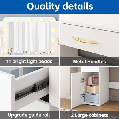Make up Vanity Desk with Mirror, Vanity with Adjustable Lights and Power Outlet, Vanity Table with 5 Drawers 2 Cabinets and Shelves