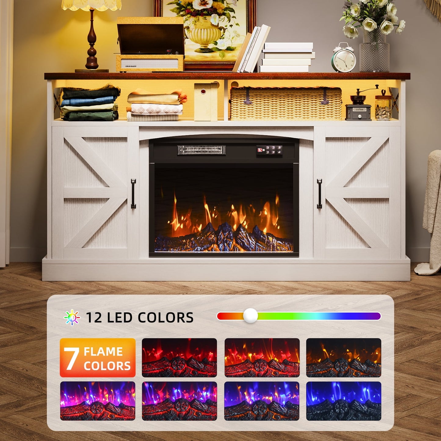 TOMNK Fireplace TV Stand for Television up to 65+ Inch with Storage and Farmhouse Sliding Barn Doors, Entertainment Center with Cabinet and Shelves, Media Console for Living Room, White