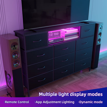 TOMNK White Dresser TV Stand for 59 inch TV, Entertainment Center with LED Lights & Charging Station, Chest of Drawers with 11 Fabric Drawers and Open Shelves for Living Room, Hallway, Wood Top