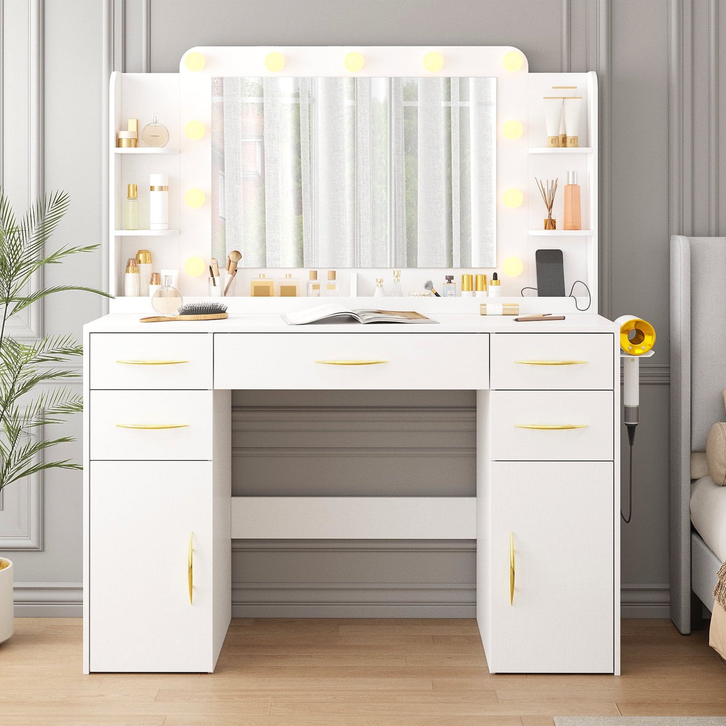 Make up Vanity Desk with Mirror, Vanity with Adjustable Lights and Power Outlet, Vanity Table with 5 Drawers 2 Cabinets and Shelves