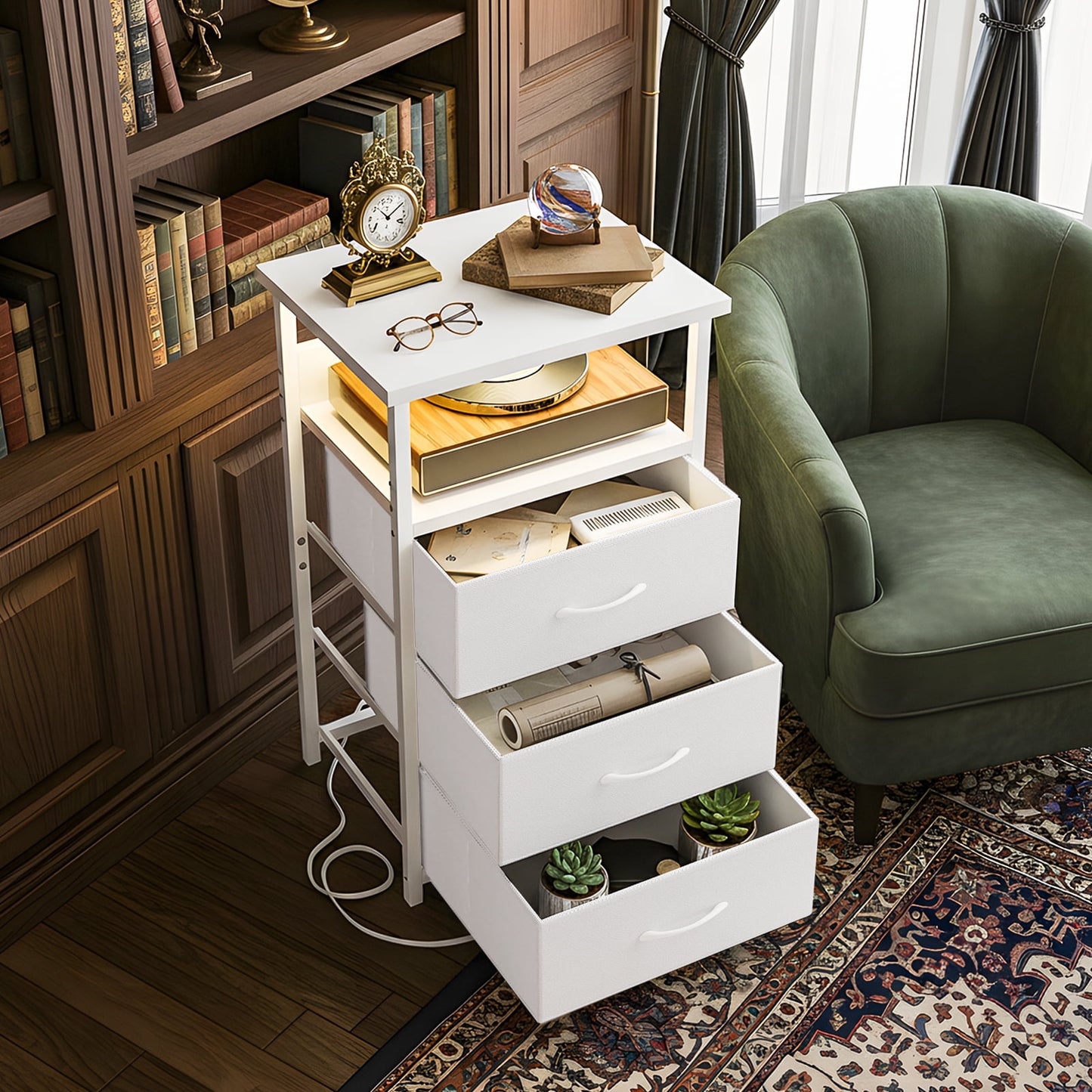 Fairy Night Stands Set of 2 with Charging Station, Bed Side Table, LED Nightstand with 3 Fabric Drawers, White