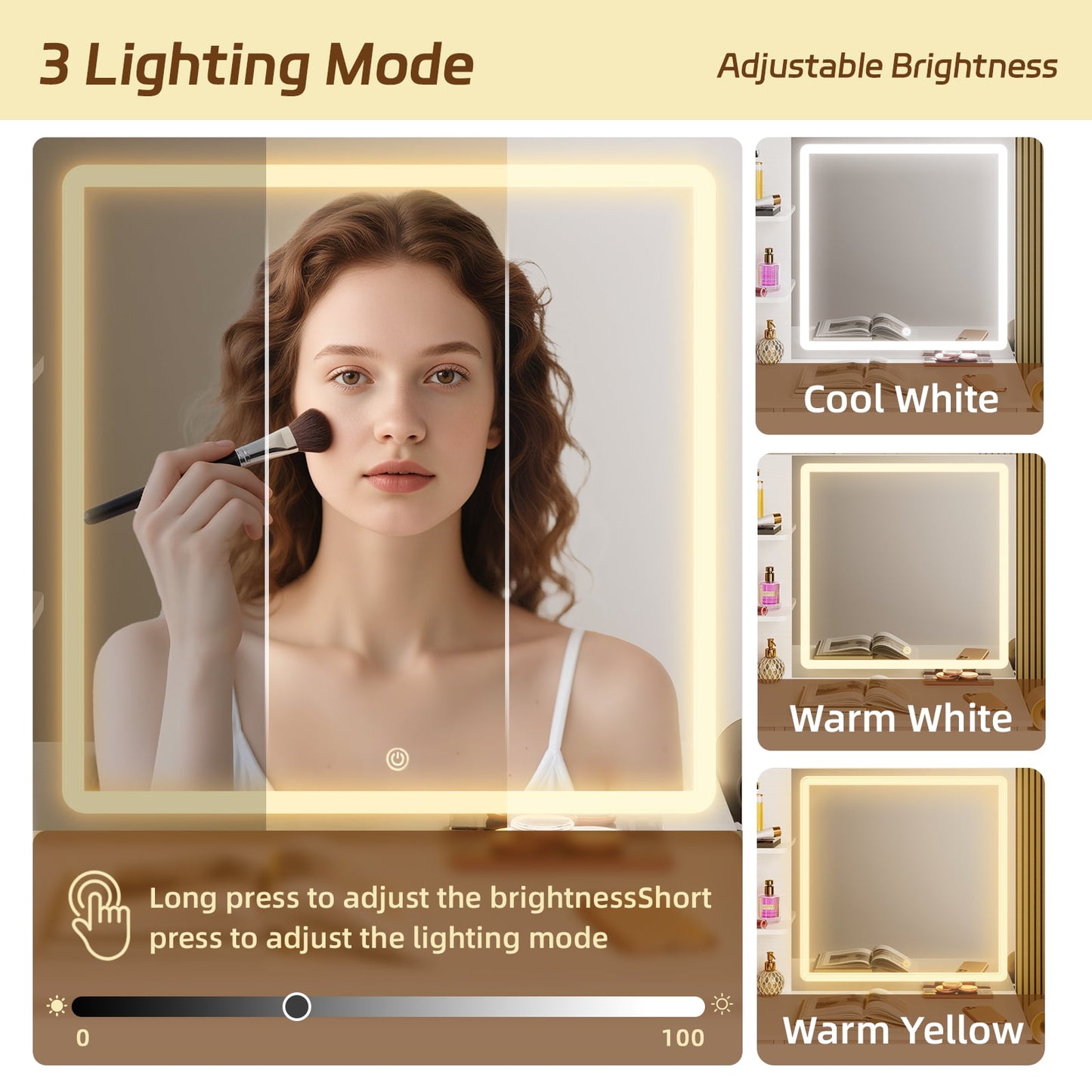 TOMNK Vanity Desk with Mirror Lights, 5 Drawers, Stool, Charging Station, Hooks & Hair Dryer Holder, White