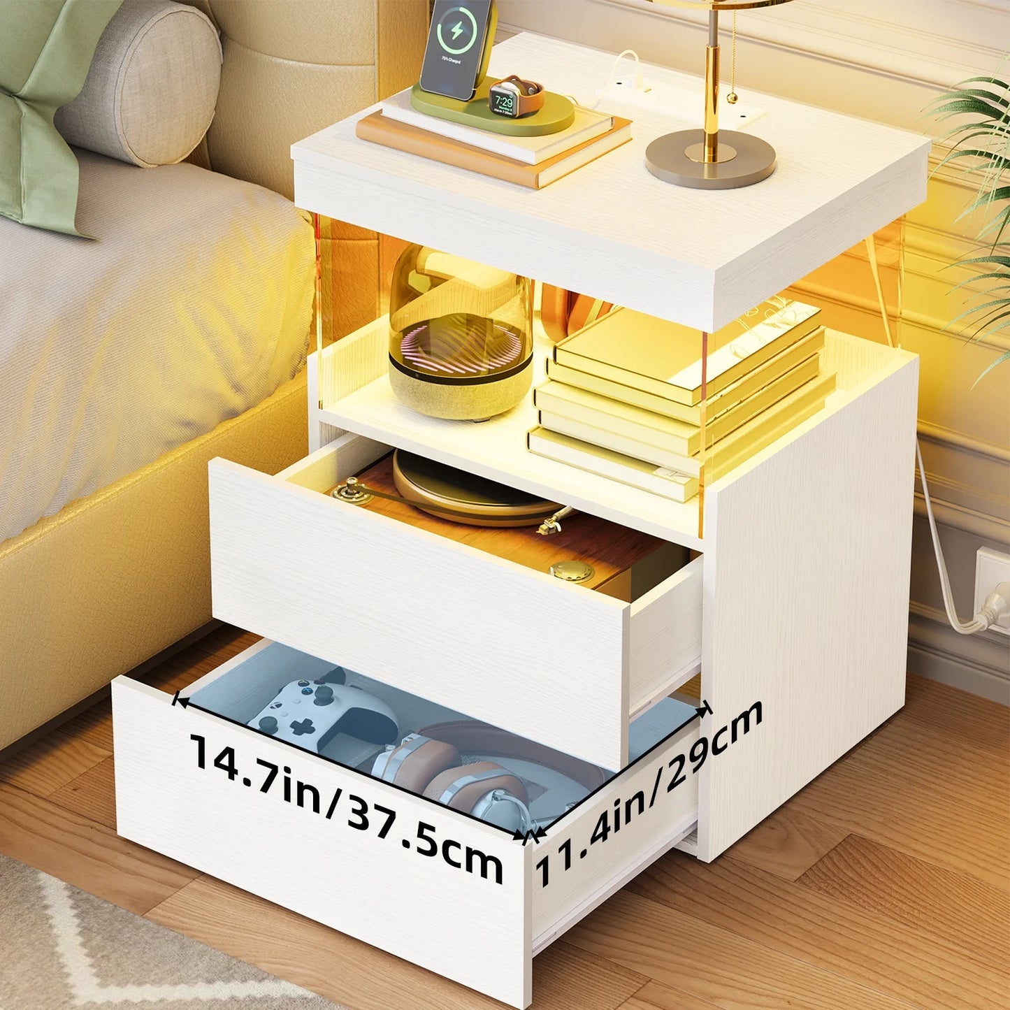 TOOMNK White Nightstand with Charging Station, Bedside Table for Bedroom, LED Nightstand, Modern Night Stand with Drawers, White