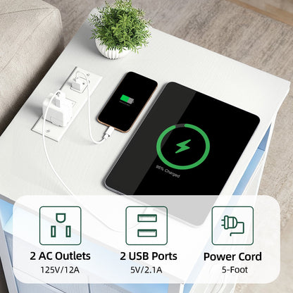 Fairy Nightstand Set of 2, 4 Drawer Night Stand with Charging Station, LED Bedside Table, Storage Side Table for Bedroom, White