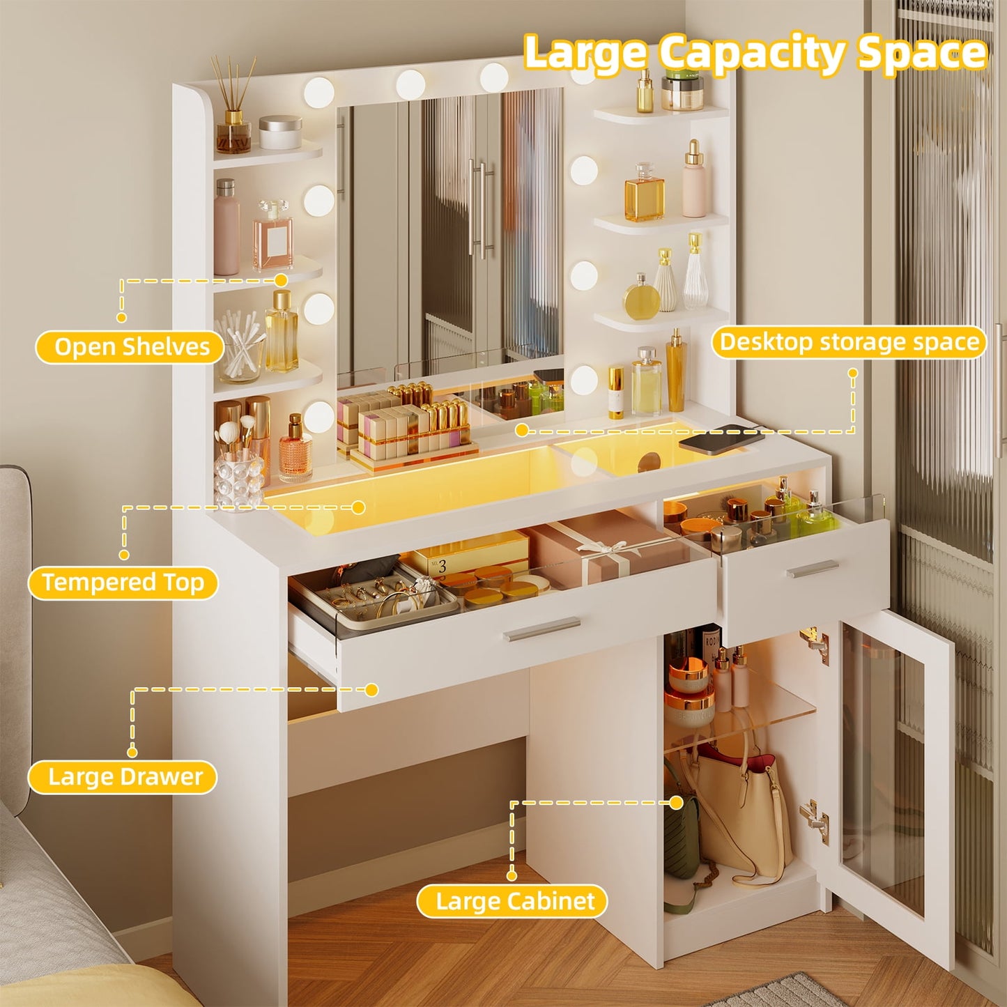 Tomnk woo White Vanity Desk with Mirror & Lights, Power Outlet, 3 Colors, 2 RGB Drawers, 6 Shelves
