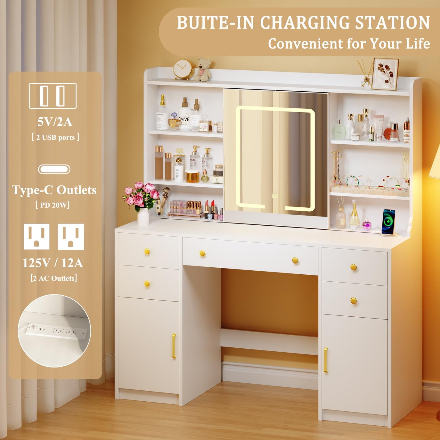 Tomnk woo Vanity Desk with Sliding LED Mirror, 3 Light Modes, 5 Drawers, 2 Cabinets, White, for Bedroom