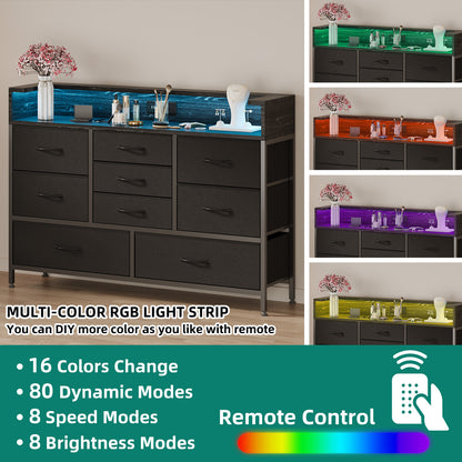 Tomnk woo Black LED Dresser with 9 Drawers, Charging Station, PU Fabric Finish for Living Room, Hallway