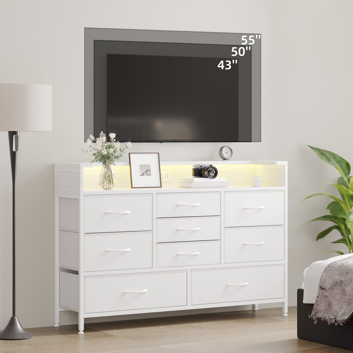 Tomnk woo White LED Dresser with 9 Drawers, Charging Station, PU Fabric Finish for Living Room, Hallway