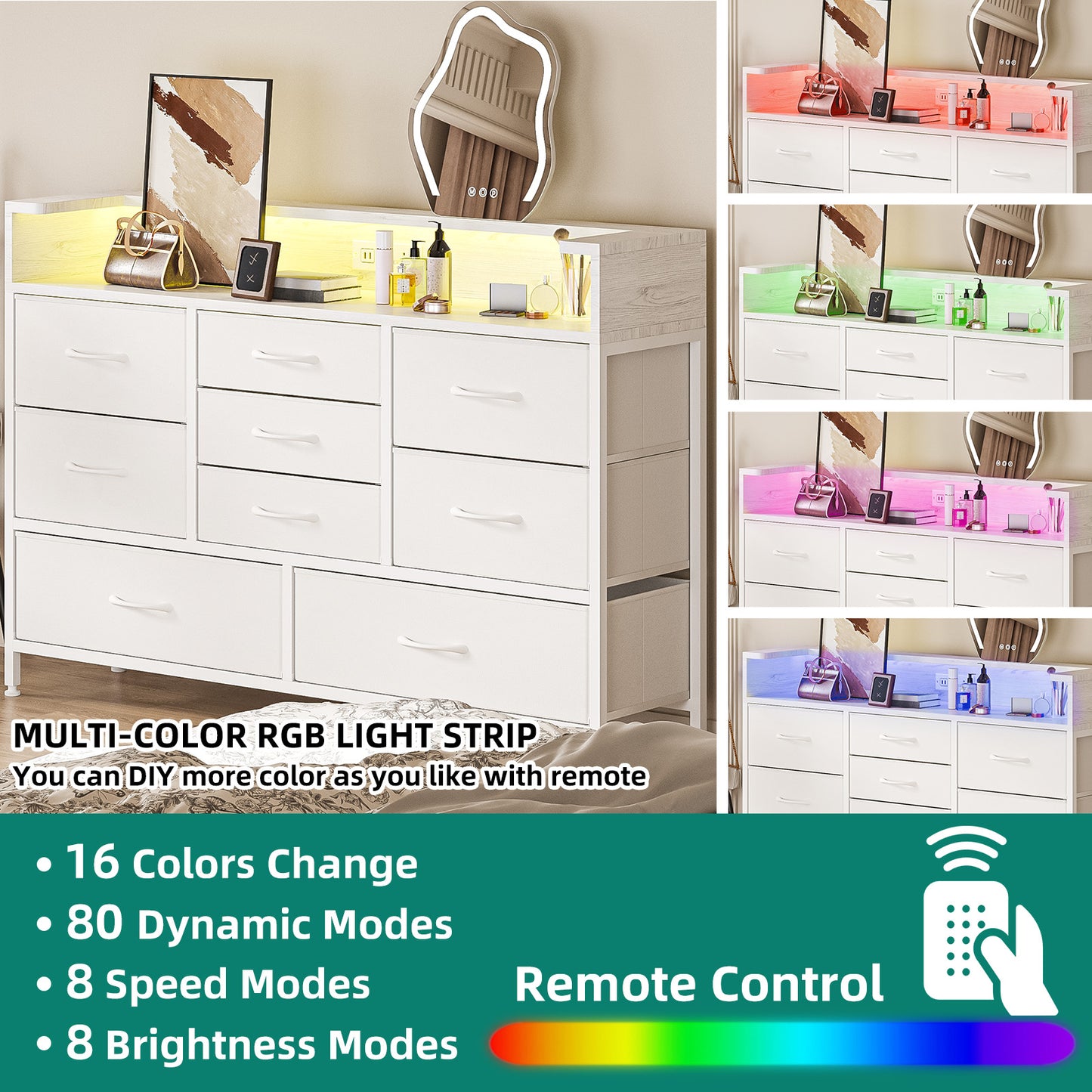 Tomnk woo White LED Dresser with 9 Drawers, Charging Station, PU Fabric Finish for Living Room, Hallway