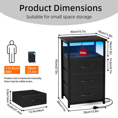 Fairy Night Stands Set of 2 with Charging Station, Bed Side Table, LED Nightstand with 3 Fabric Drawers, Black