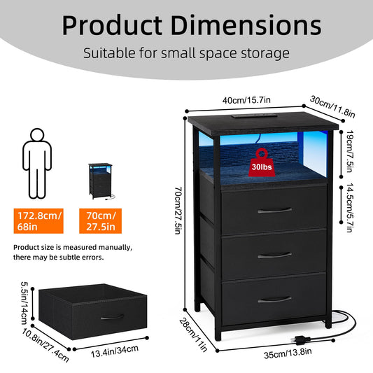 Fairy Night Stands Set of 2 with Charging Station, Bed Side Table, LED Nightstand with 3 Fabric Drawers, Black