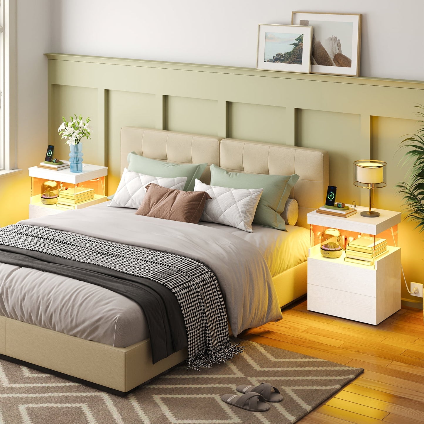 TOOMNK White Nightstand with Charging Station, Bedside Table for Bedroom, LED Nightstand, Modern Night Stand with Drawers, White