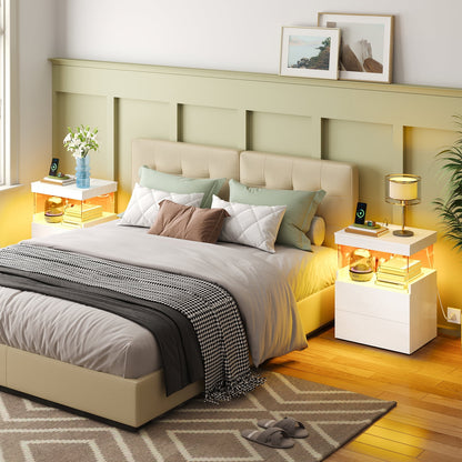 TOOMNK White Nightstand with Charging Station, Bedside Table for Bedroom, LED Nightstand, Modern Night Stand with Drawers, White