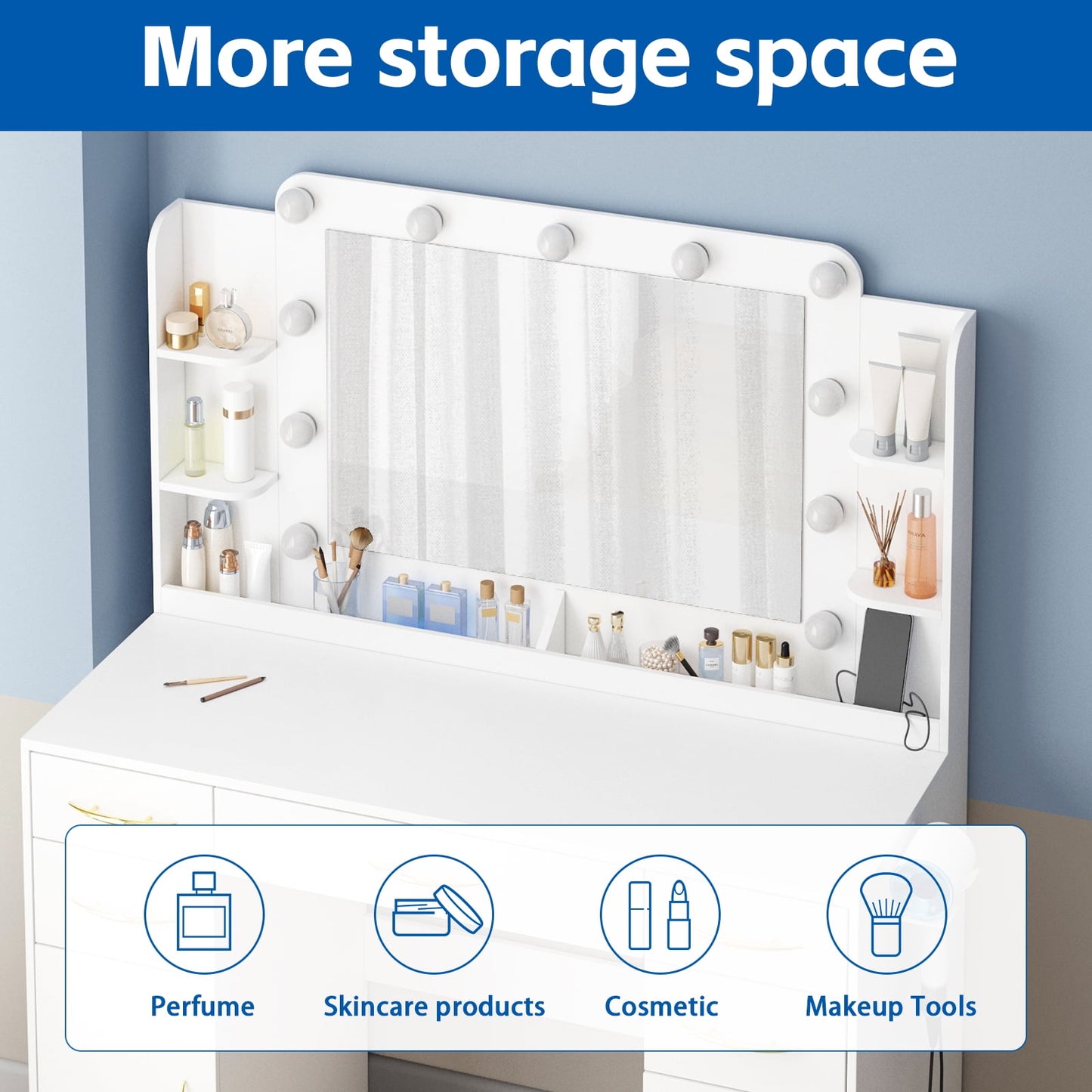 Make up Vanity Desk with Mirror, Vanity with Adjustable Lights and Power Outlet, Vanity Table with 5 Drawers 2 Cabinets and Shelves