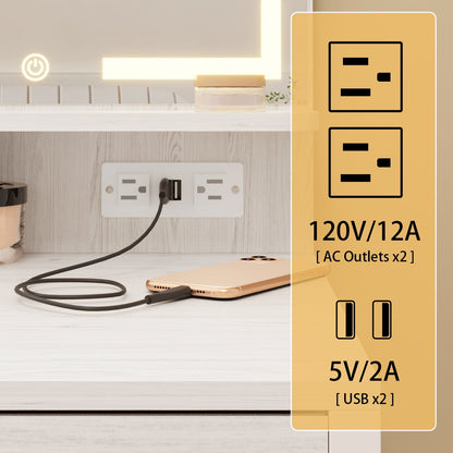Fairy White Makeup Vanity Desk with Mirror, Lights, Power Outlet, Chair & Storage Drawer