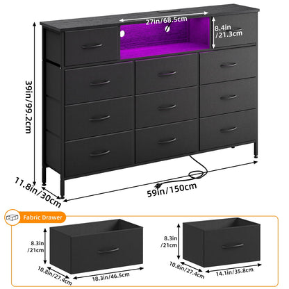 TOMNK White Dresser TV Stand for 59 inch TV, Entertainment Center with LED Lights & Charging Station, Chest of Drawers with 11 Fabric Drawers and Open Shelves for Living Room, Hallway, Wood Top