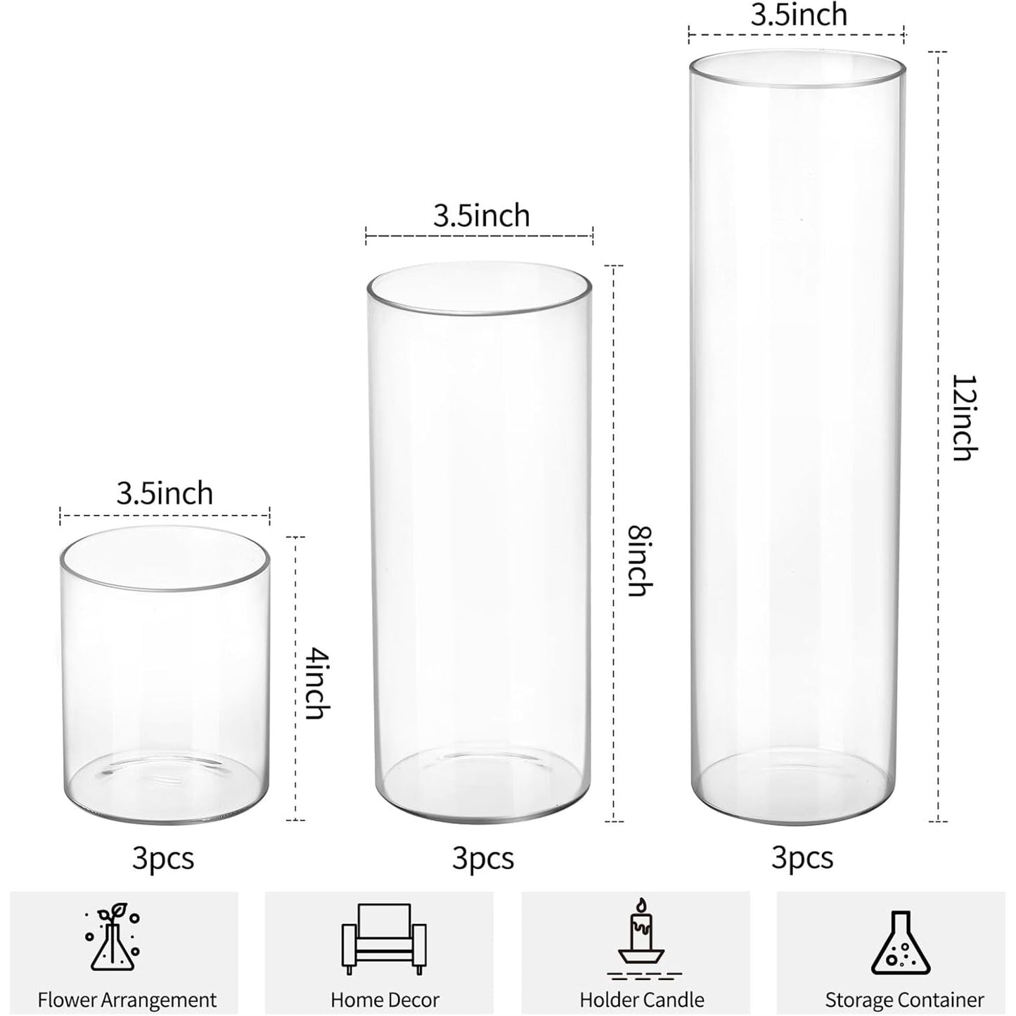 Tomnk 9 Pack Glass Cylinder Vase 4, 8,12 Inch Tall Clear Vases for Wedding Centerpieces Hurricane Candle Holder Flower Glass Vases for Party Event Home Office Decor