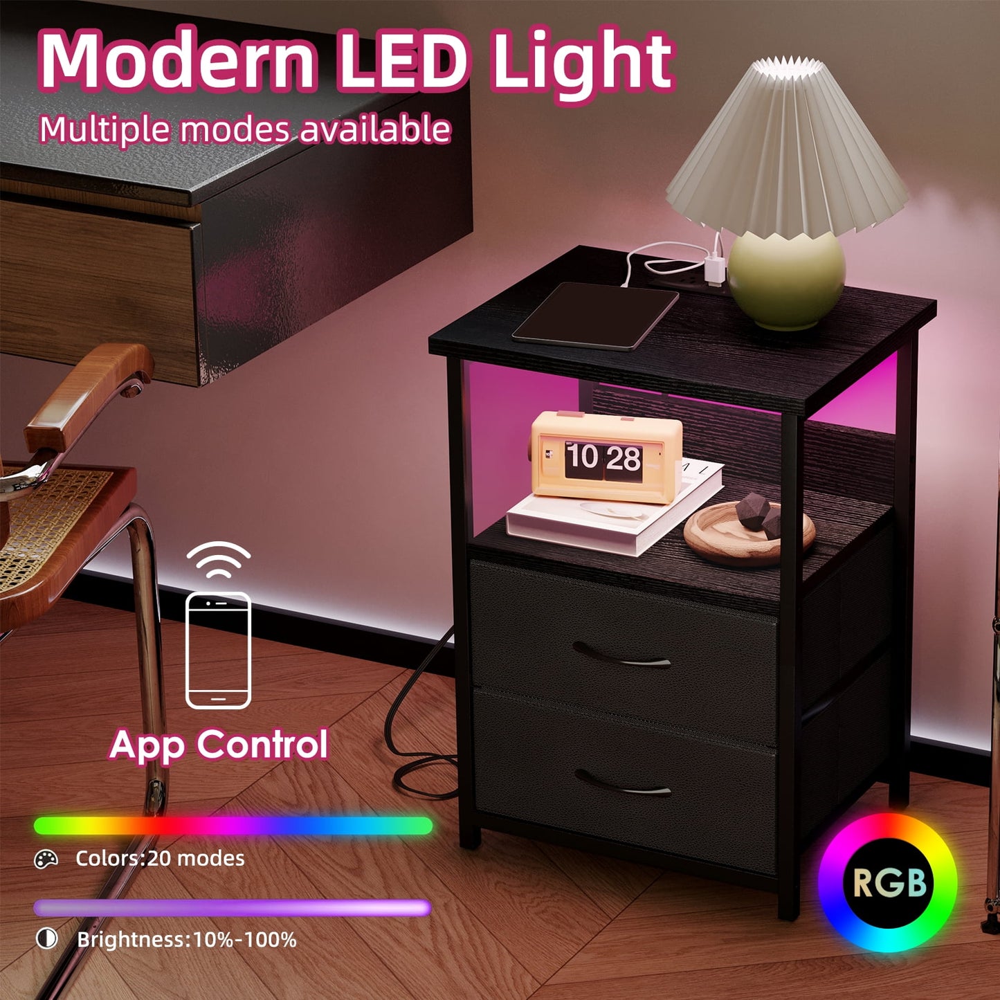 Fairy Night Stands Set of 2 with Charging Station, Bed Side Table, LED Nightstand with 2 Fabric Drawers, Black