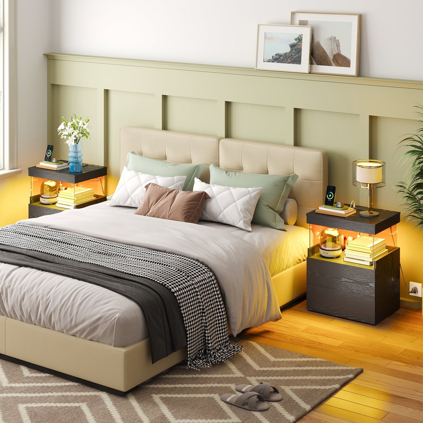 TOOMNK Black Nightstand with Charging Station, Bedside Table for Bedroom, LED Nightstand, Modern Night Stand with Drawers, Black