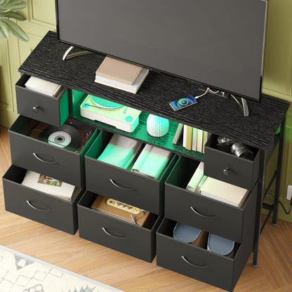 Fairy Dresser, Black 55" TV Stand with 8 Drawers, LED & Power Outlets for Bedroom, Living Room, Entryway