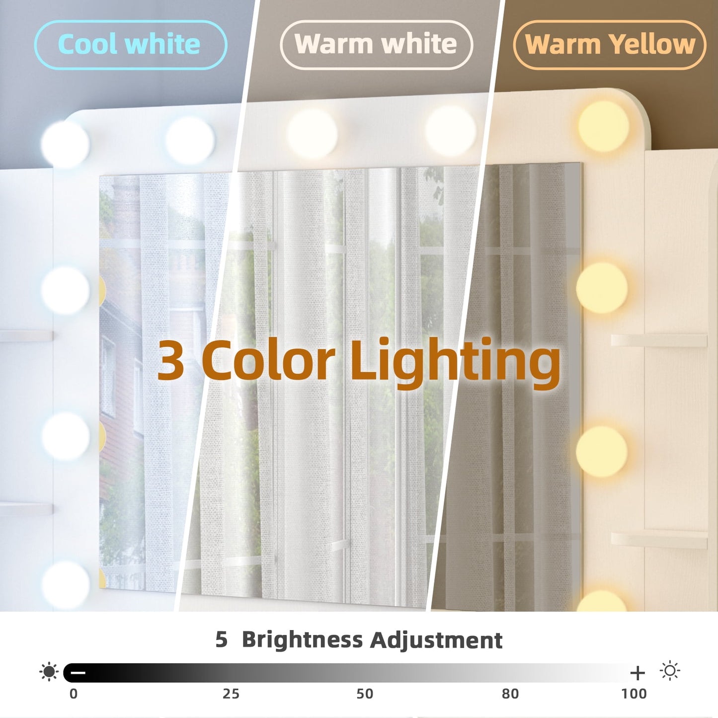 Tomnk woo White Vanity Desk with Mirror, Lights, Drawers, Cabinets, Shelves & Power Outlet,45.5"