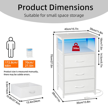 Fairy Night Stands Set of 2 with Charging Station, Bed Side Table, LED Nightstand with 3 Fabric Drawers, White