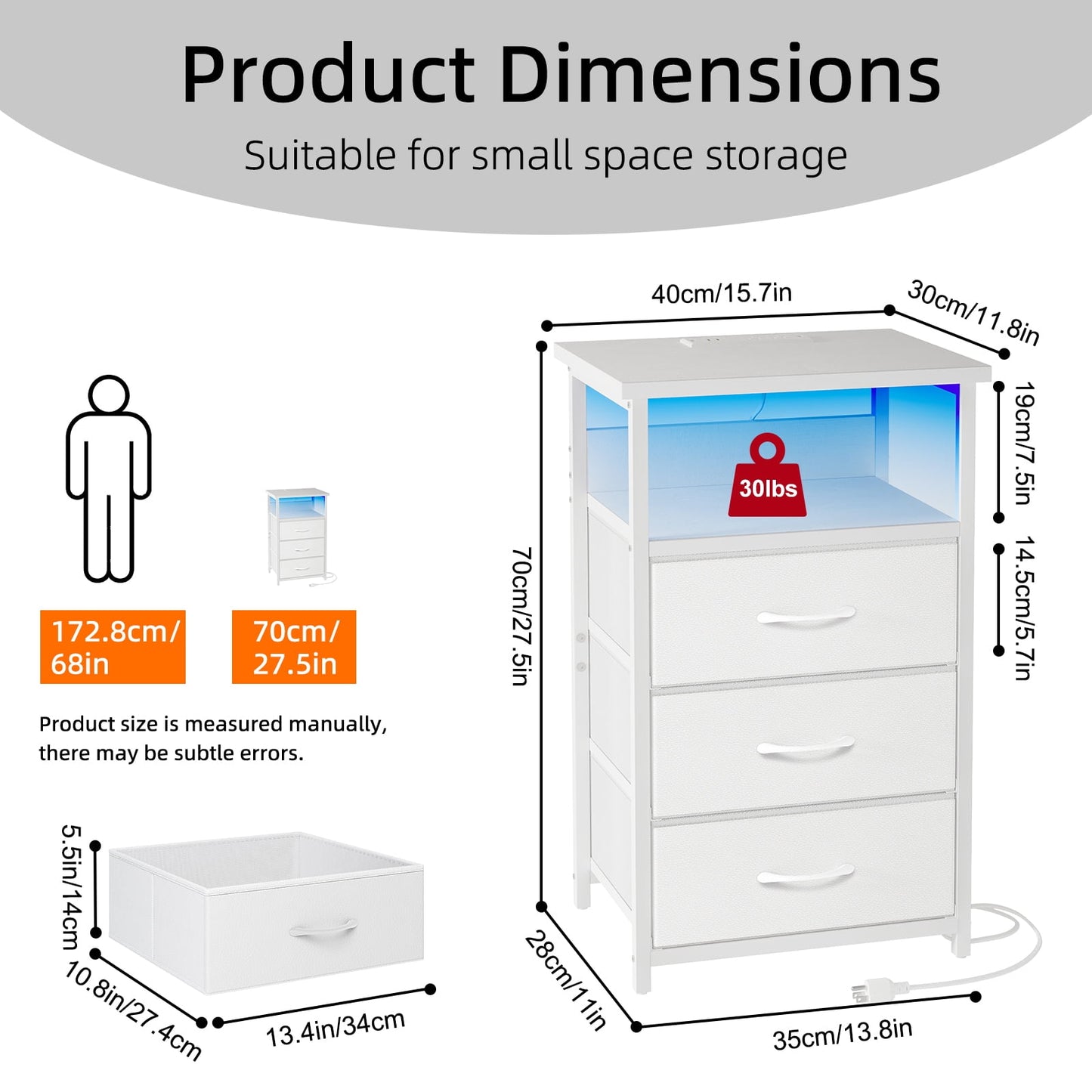Fairy Night Stand with Charging Station, Bed Side Table, Nightstand with 3 Fabric Storage Drawers, White