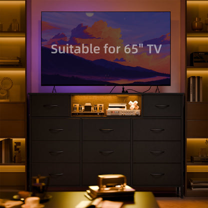 TOMNK White Dresser TV Stand for 59 inch TV, Entertainment Center with LED Lights & Charging Station, Chest of Drawers with 11 Fabric Drawers and Open Shelves for Living Room, Hallway, Wood Top