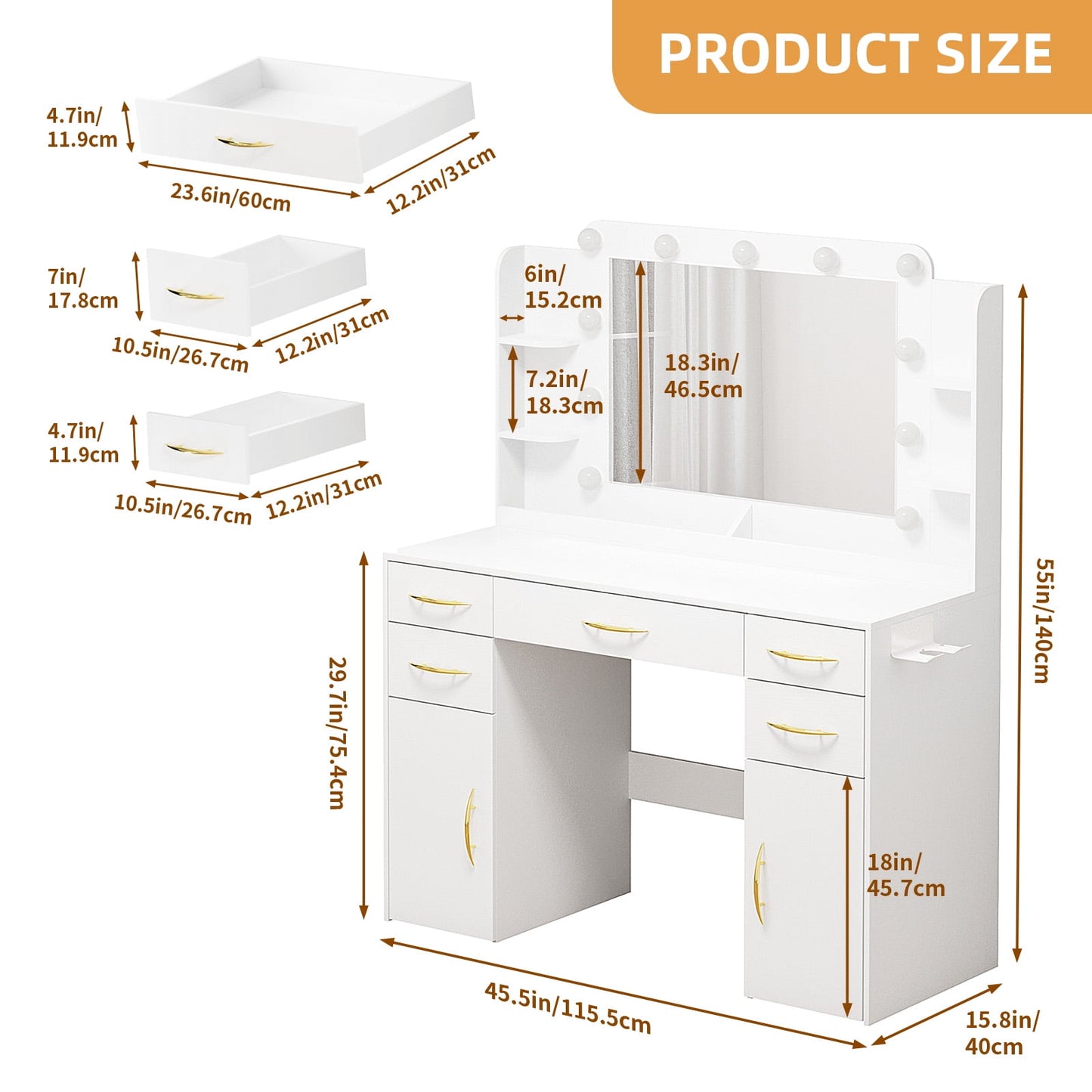 Tomnk woo White Vanity Desk with Mirror, Lights, Drawers, Cabinets, Shelves & Power Outlet,45.5"