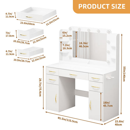 Tomnk woo White Vanity Desk with Mirror, Lights, Drawers, Cabinets, Shelves & Power Outlet,45.5"