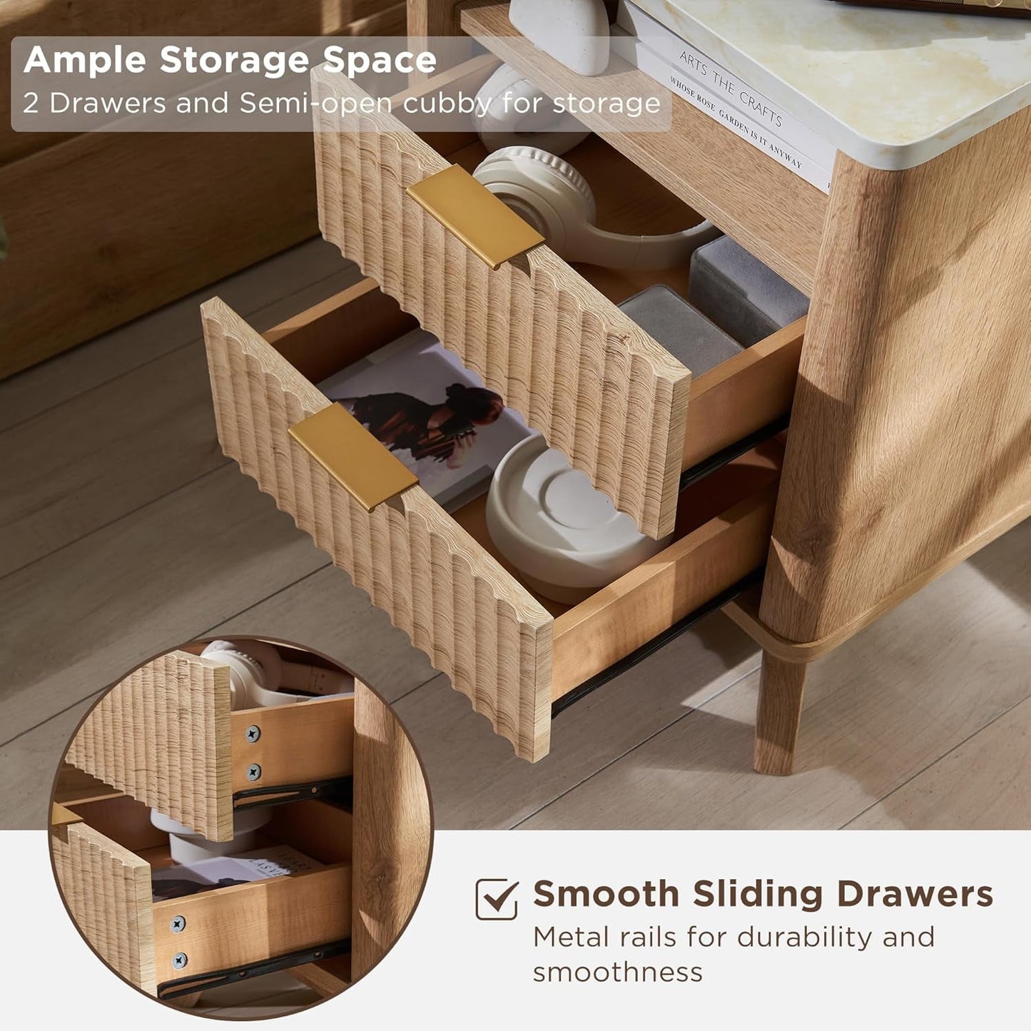 TOMNK Nightstand with Charging Station, 18" Modern Side Table with Faux Marble Top, 2 Drawers End Table w/Storage, Bedside Table for Bedroom, Living Room, Curved Profile Design, Natural Oak