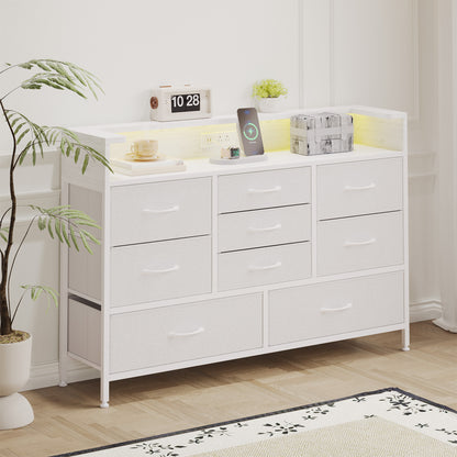 Tomnk woo White LED Dresser with 9 Drawers, Charging Station, PU Fabric Finish for Living Room, Hallway