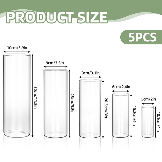 Tomnk Clear Glass Cylinder Hurricane Candle Holder Vases Set of 5 (4"+6"+8"+10"+12"High)