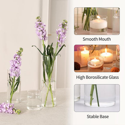Tomnk 9 Pack Glass Cylinder Vase 4, 8,12 Inch Tall Clear Vases for Wedding Centerpieces Hurricane Candle Holder Flower Glass Vases for Party Event Home Office Decor