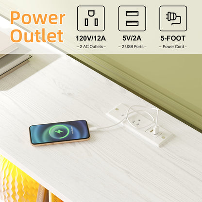 Tomnk woo White Dresser with LED Lights and Power Outlets, 55" TV Stand with 8 Drawers for Bedroom, Living Room